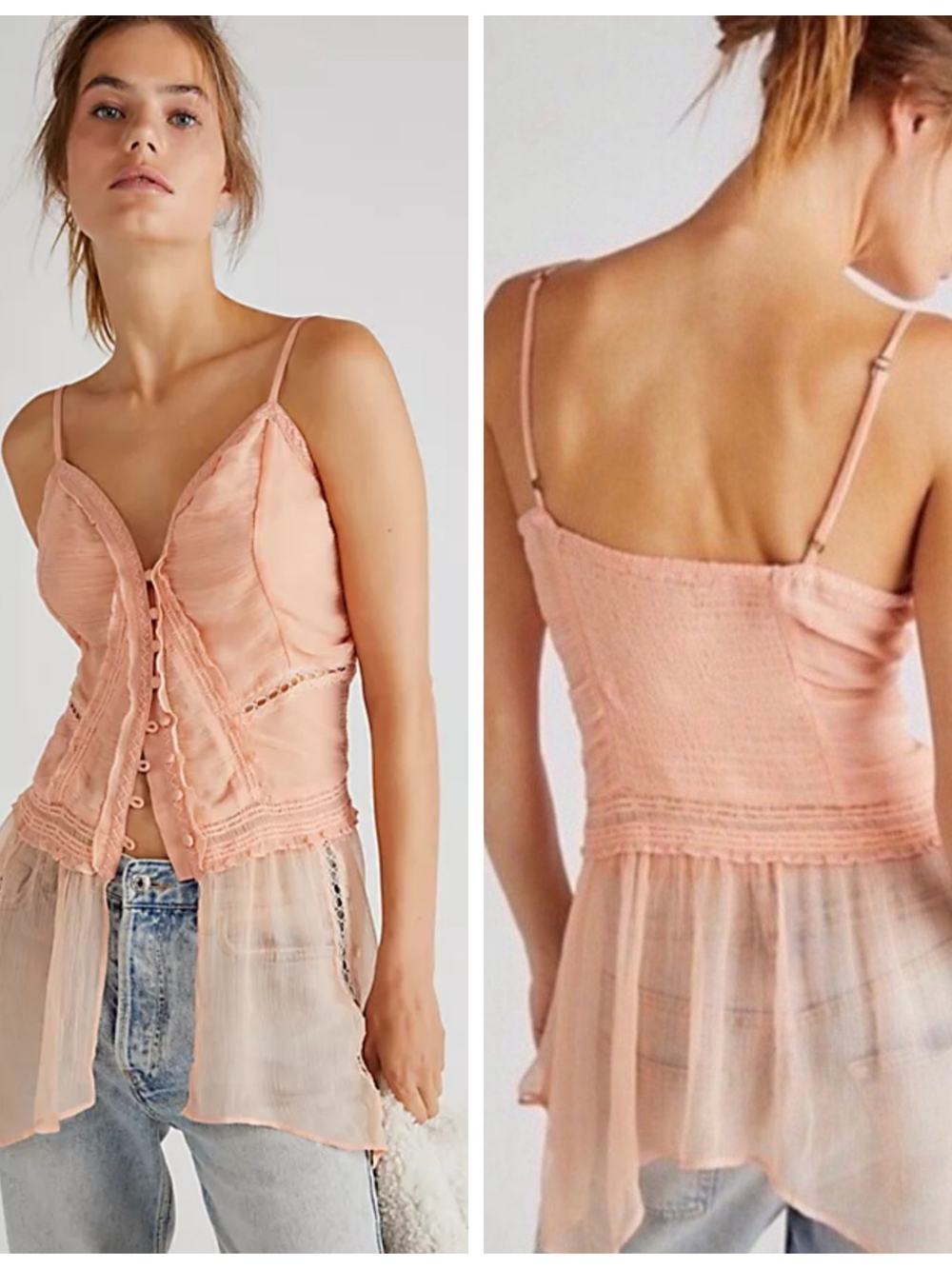 Free People Leah Chiffon Tunic Blush Peach Lace-Trim Sheer Hem Cami